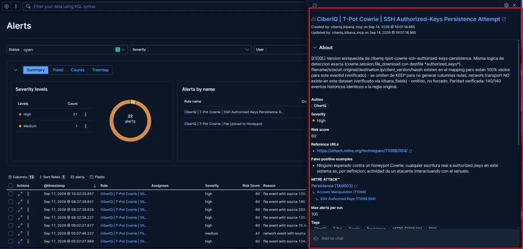 Vista completa de alertas y detalle de una detección en Security Onion con Elasticsearch y Kibana